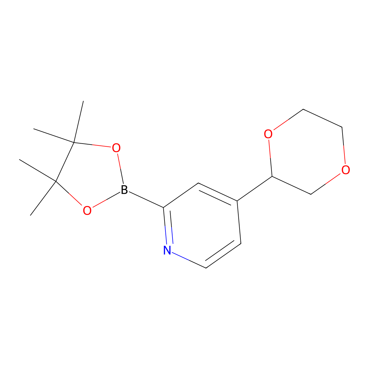 4-(1,4-Dioxan-2-yl)pyridine-2-boronic acid pinacol ester molecular structure, CAS 2222996-35-0