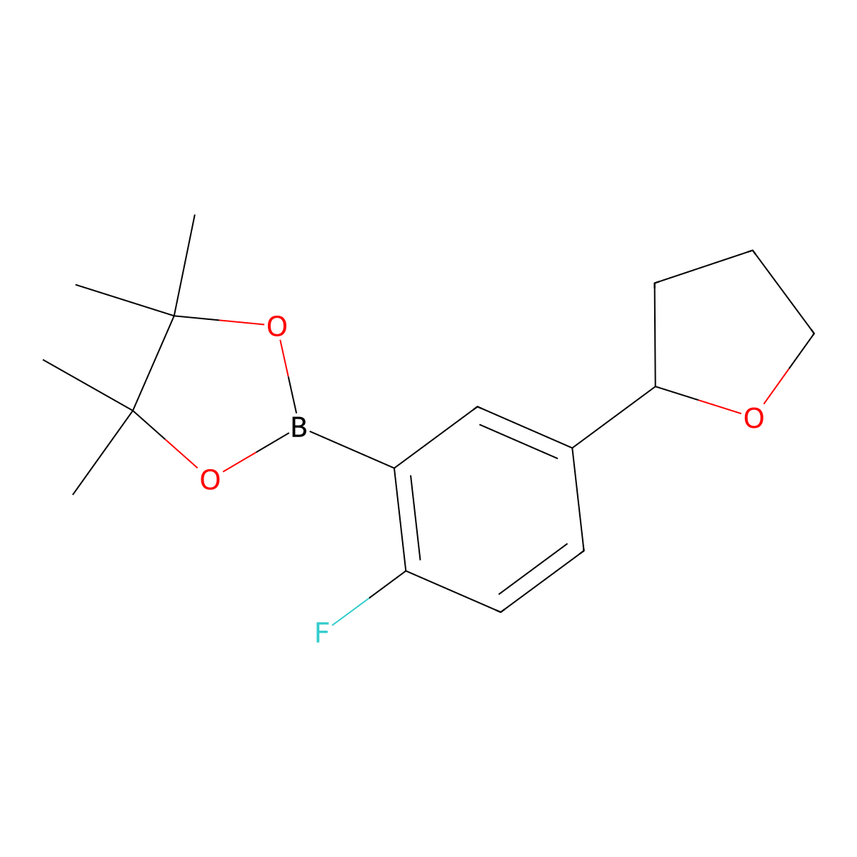 3-(2-Tetrahydrofuranyl)-6-fluorophenylboronic acid pinacol ester molecular structure, CAS 2222996-41-8