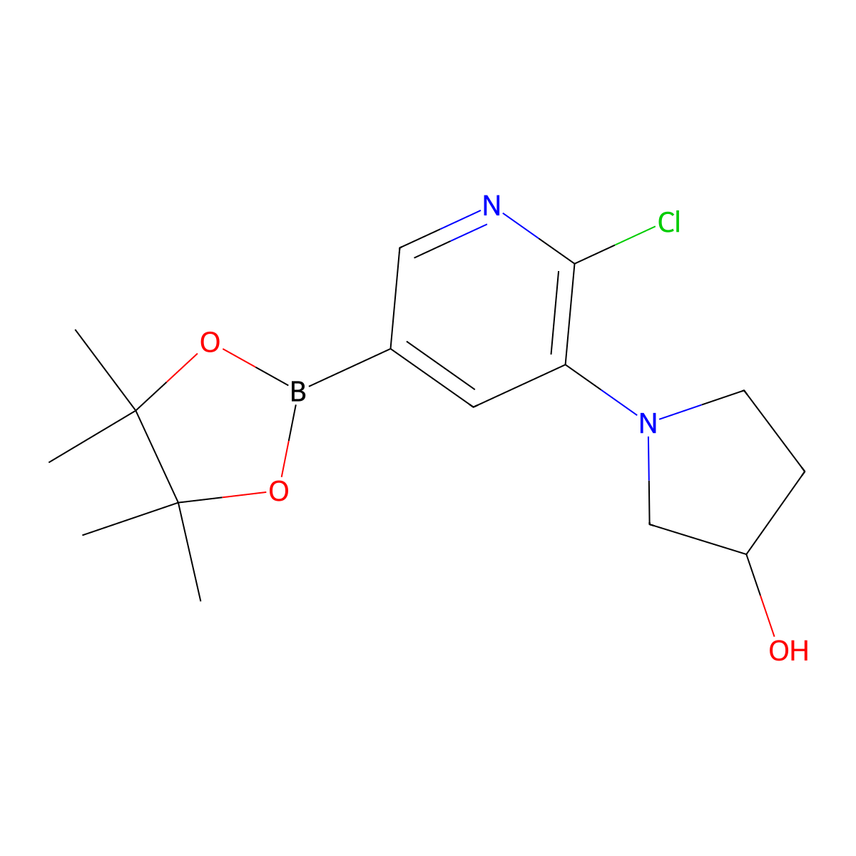 6-Chloro-5-(3-hydroxypyrrolidin-1-yl)pyridine-3-boronic acid pinacol ester molecular structure, CAS 2222996-42-9