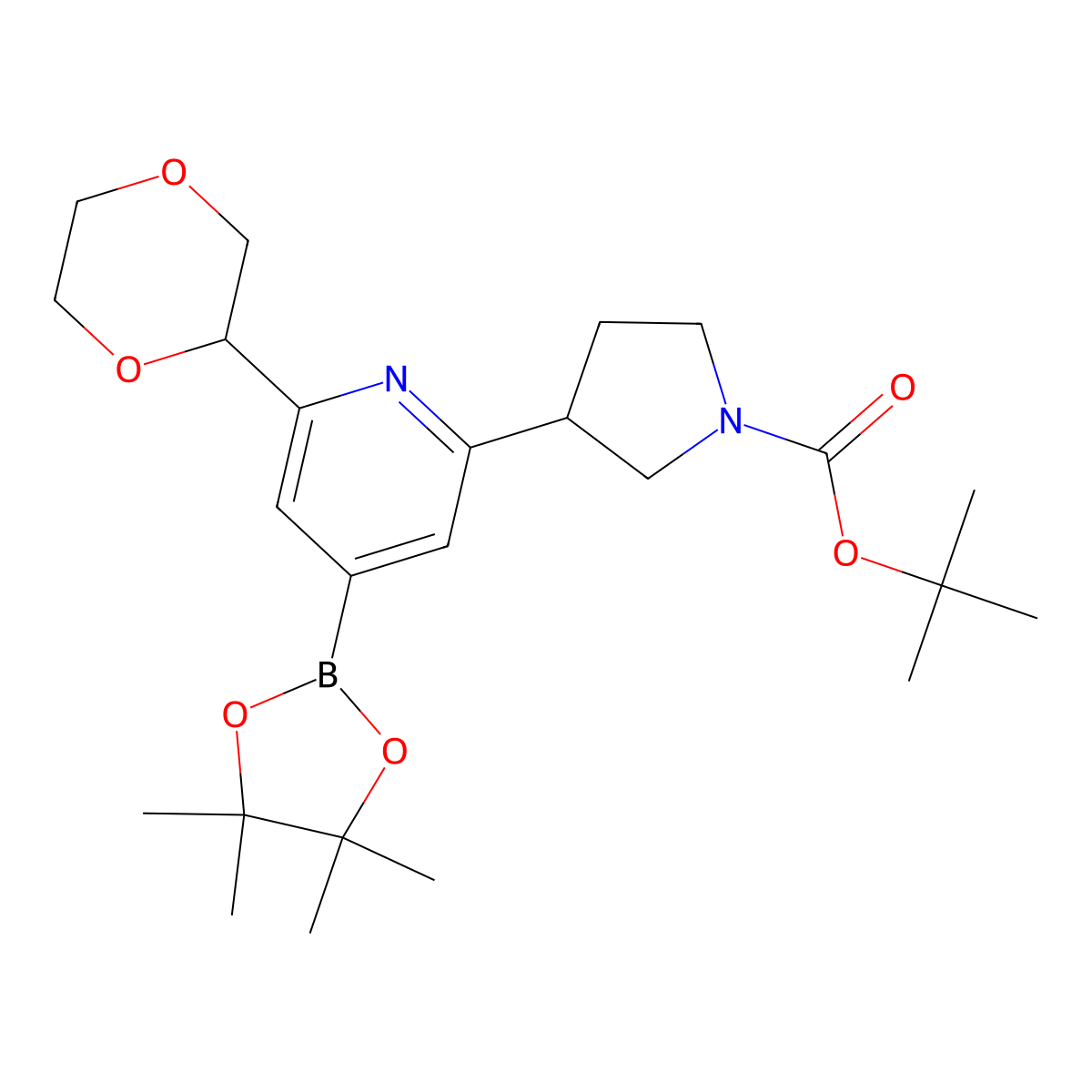2-(N-Boc-Pyrrolidin-3-yl)-6-(1,4-dioxan-2-yl)pyridine-4-boronic acid pinacol ester molecular structure, CAS 2222996-43-0