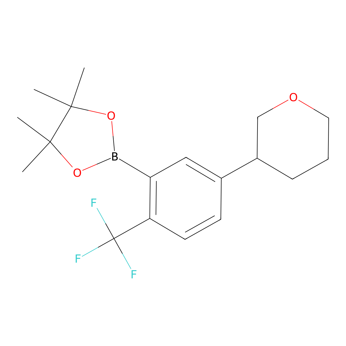 2-Trifluoromethyl-5-(oxan-3-yl)phenylboronic acid pinacol ester molecular structure, CAS 2222996-47-4
