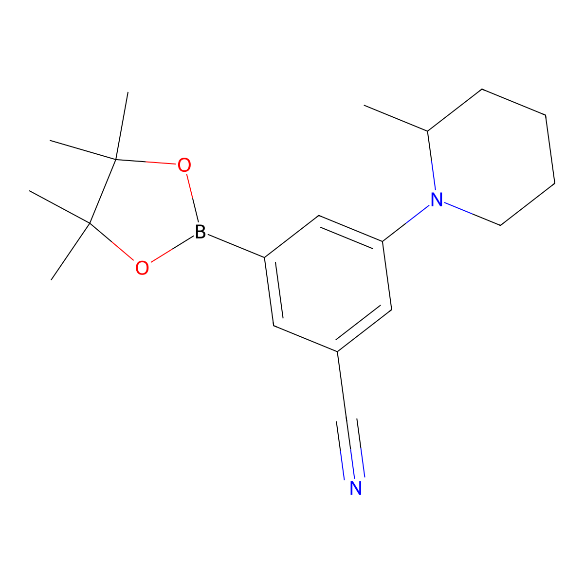 3-Cyano-5-(2-methylpiperidin-1-yl)phenylboronic acid pinacol ester molecular structure, CAS 2222996-53-2