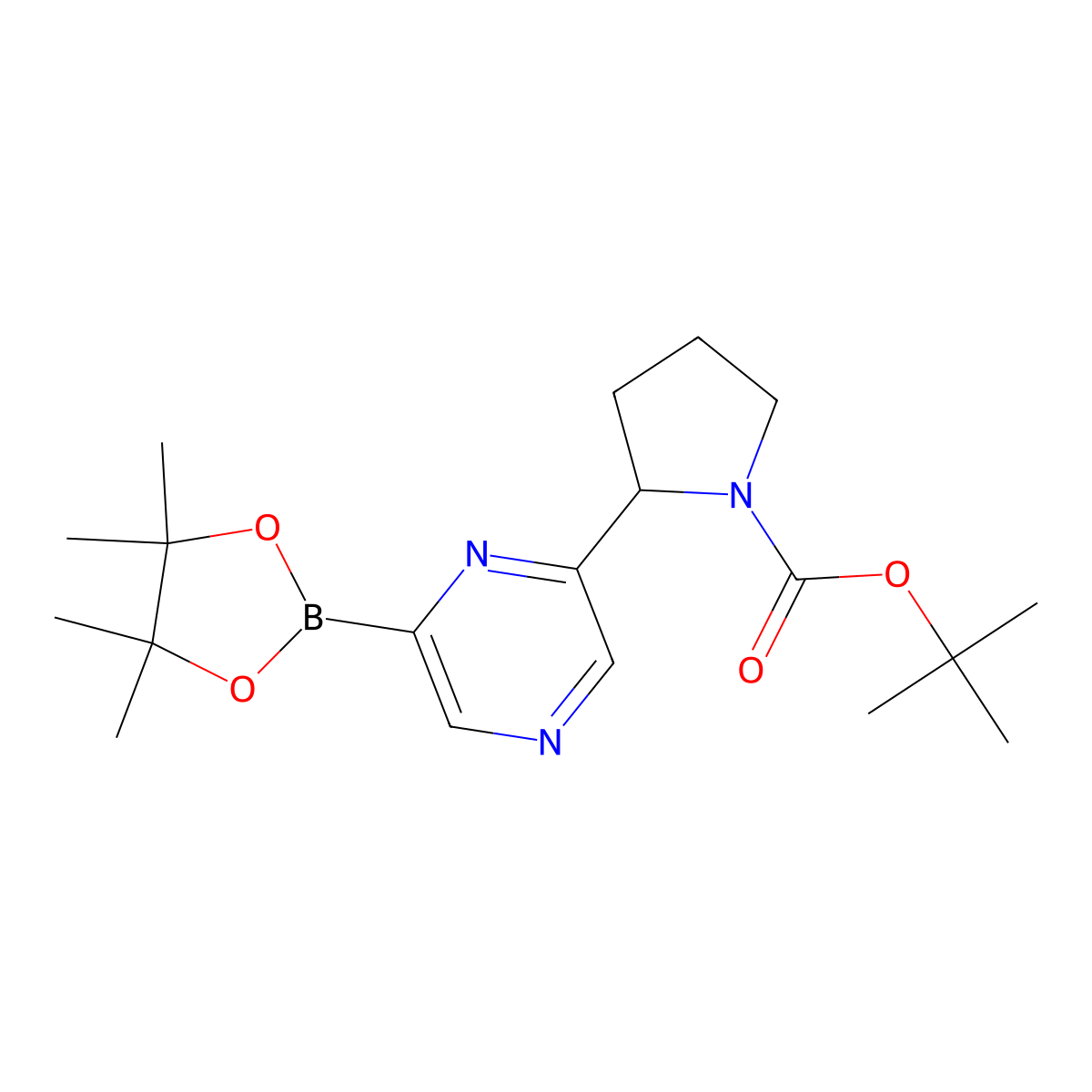 Tert-butyl 2-(6-(4,4,5,5-tetramethyl-1,3,2-dioxaborolan-2-yl)pyrazin-2-yl)pyrrolidine-1-carboxylate molecular structure, CAS 2222996-60-1