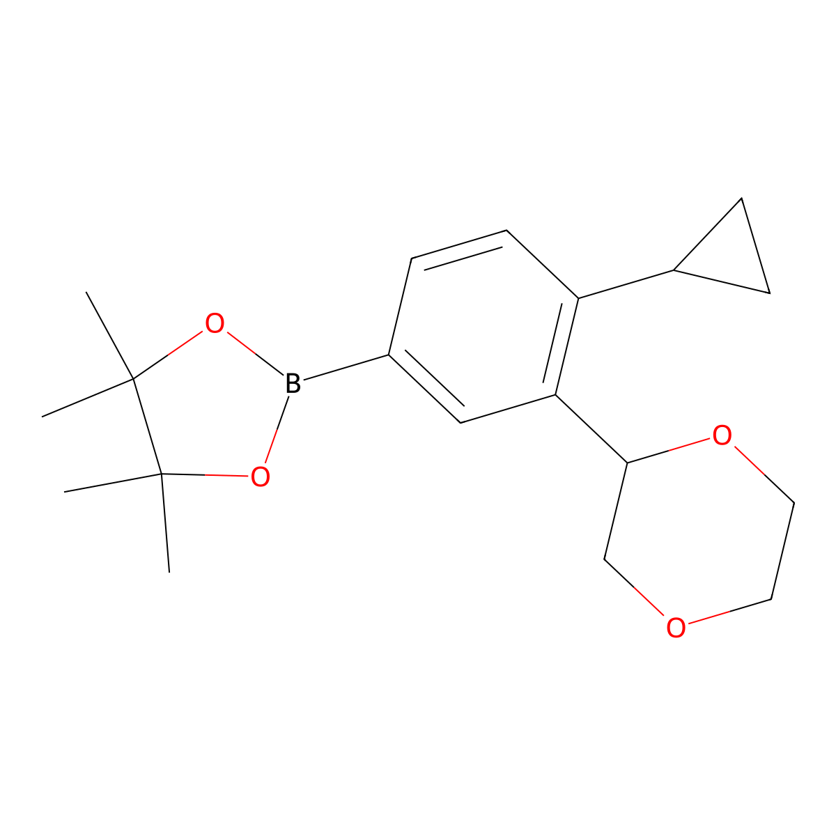 2-(4-Cyclopropyl-3-(1,4-dioxan-2-yl)phenyl)-4,4,5,5-tetramethyl-1,3,2-dioxaborolane molecular structure, CAS 2222996-75-8