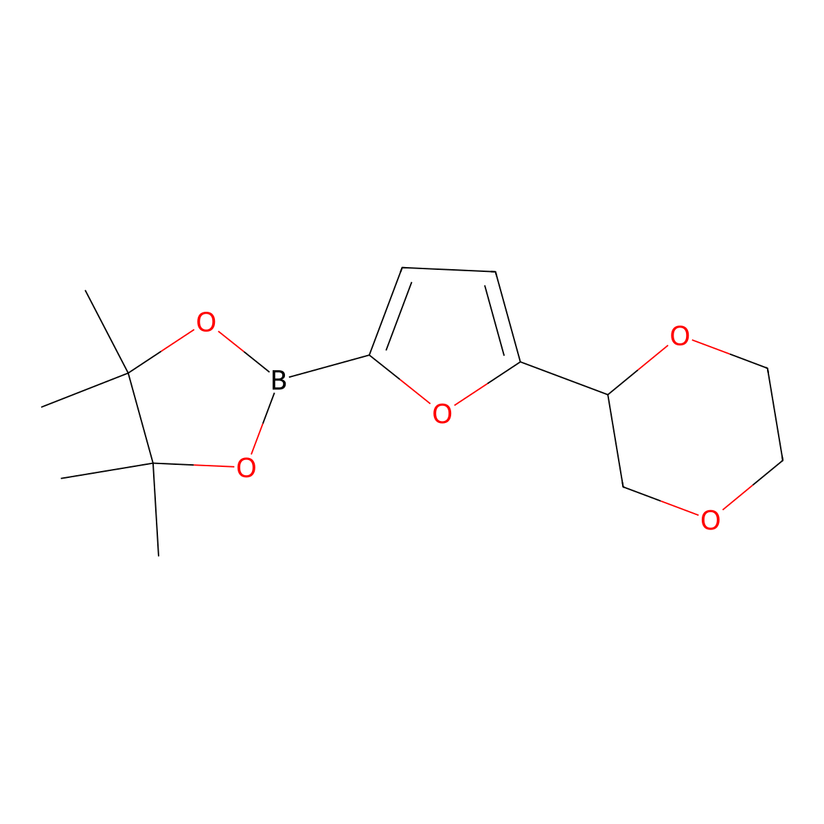5-(1,4-Dioxan-2-yl)furan-2-boronic acid pinacol ester molecular structure, CAS 2222996-79-2