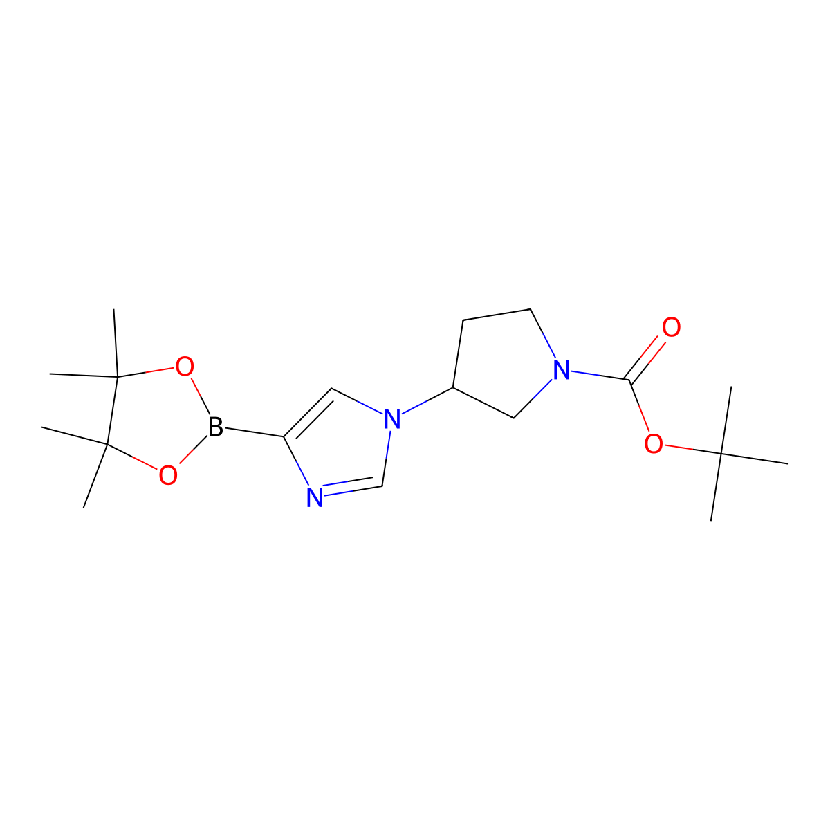 tert-butyl 3-(4-(4,4,5,5-tetramethyl-1,3,2-dioxaborolan-2-yl)-1H-imidazol-1-yl)pyrrolidine-1-carboxylate molecular structure, CAS 2222996-80-5