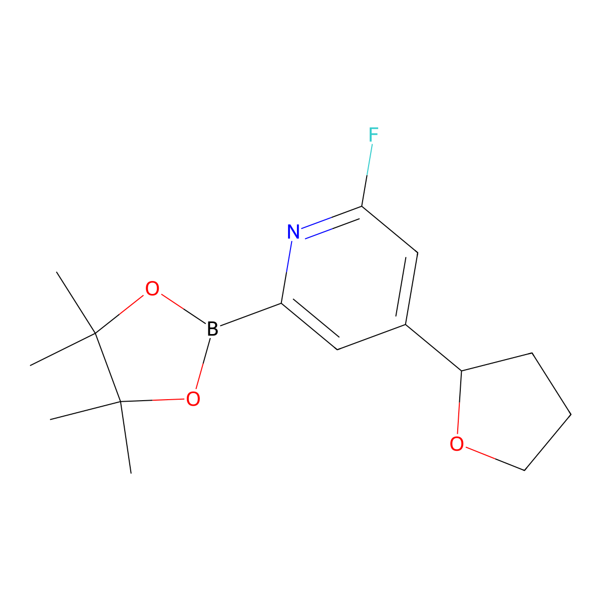 2-Fluoro-4-(tetrahydrofuran-2-yl)-6-(4,4,5,5-tetramethyl-1,3,2-dioxaborolan-2-yl)pyridine molecular structure, CAS 2222996-82-7