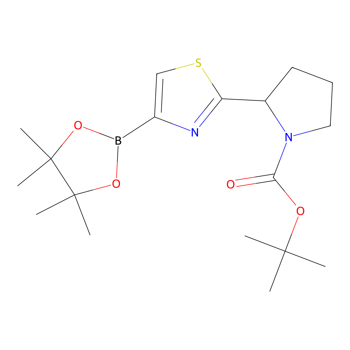 Tert-butyl 2-(4-(4,4,5,5-tetramethyl-1,3,2-dioxaborolan-2-yl)thiazol-2-yl)pyrrolidine-1-carboxylate molecular structure, CAS 2222996-89-4