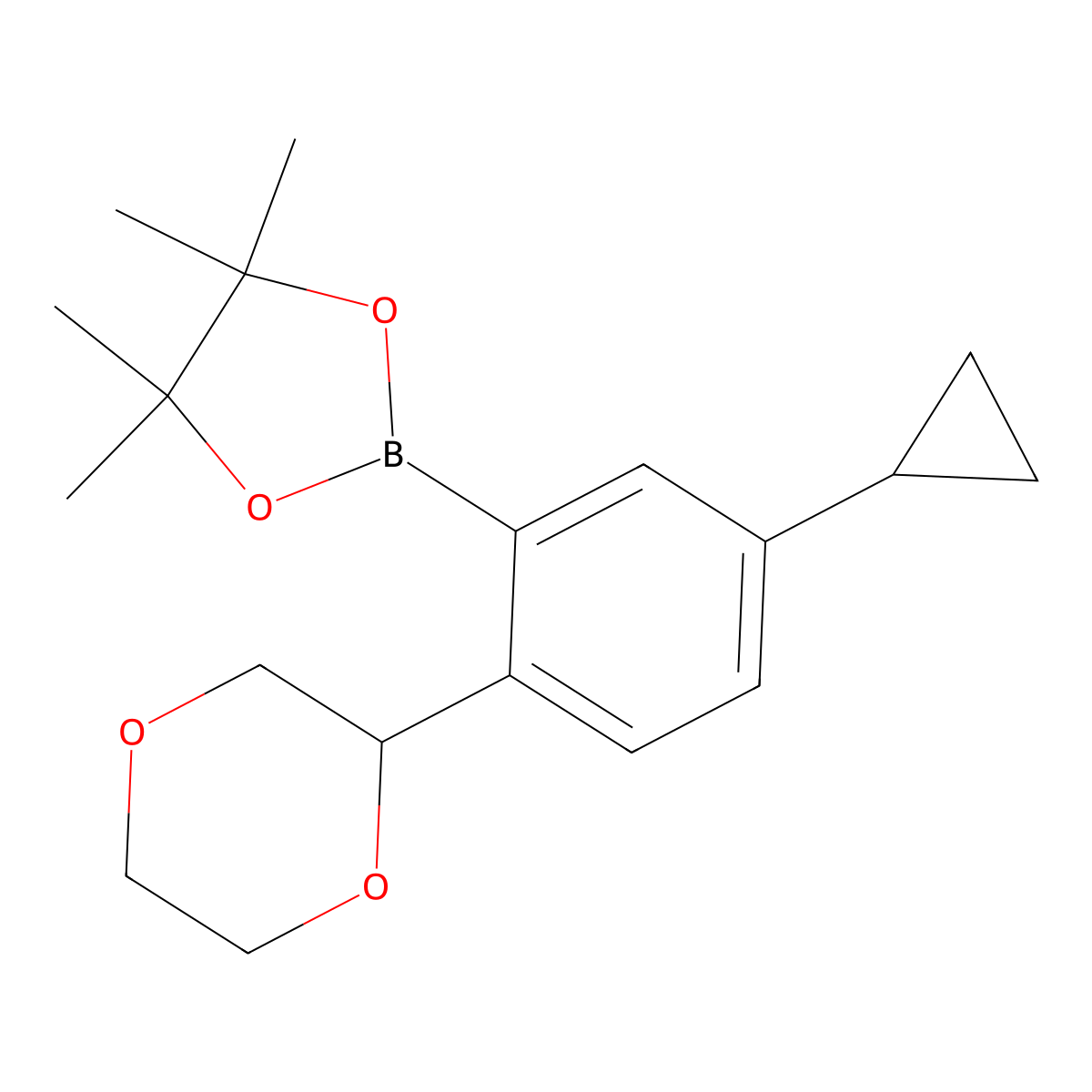 2-(5-Cyclopropyl-2-(1,4-dioxan-2-yl)phenyl)-4,4,5,5-tetramethyl-1,3,2-dioxaborolane molecular structure, CAS 2222997-04-6