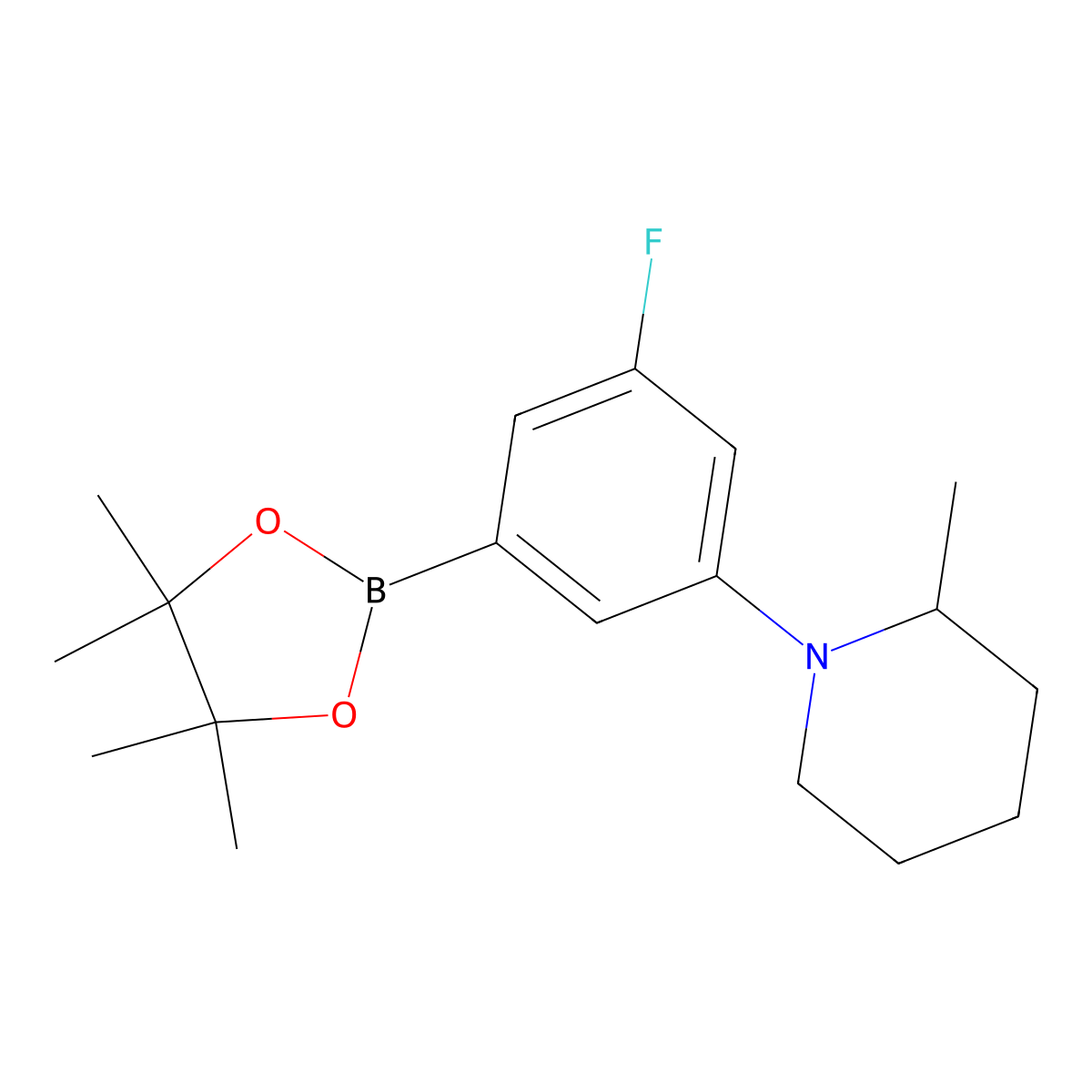 3-Fluoro-5-(2-methylpiperidin-1-yl)phenylboronic acid pinacol ester molecular structure, CAS 2222997-33-1
