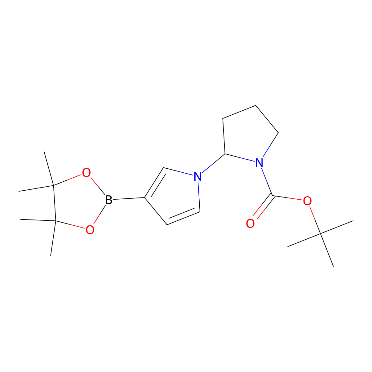 tert-butyl 2-(3-(4,4,5,5-tetramethyl-1,3,2-dioxaborolan-2-yl)-1H-pyrrol-1-yl)pyrrolidine-1-carboxylate molecular structure, CAS 2222997-48-8