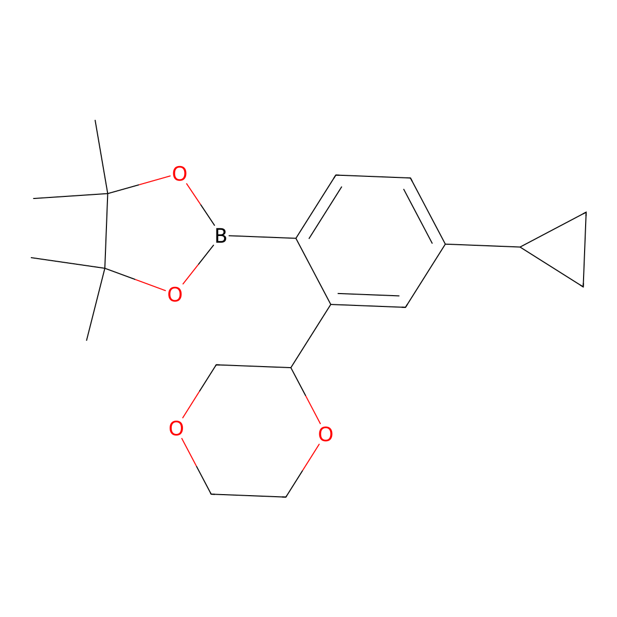 2-(4-Cyclopropyl-2-(1,4-dioxan-2-yl)phenyl)-4,4,5,5-tetramethyl-1,3,2-dioxaborolane molecular structure, CAS 2223002-70-6