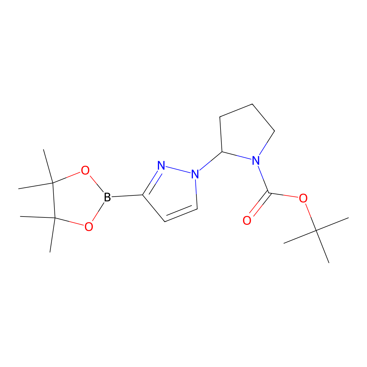 tert-butyl 2-(3-(4,4,5,5-tetramethyl-1,3,2-dioxaborolan-2-yl)-1H-pyrazol-1-yl)pyrrolidine-1-carboxylate molecular structure, CAS 2223002-71-7