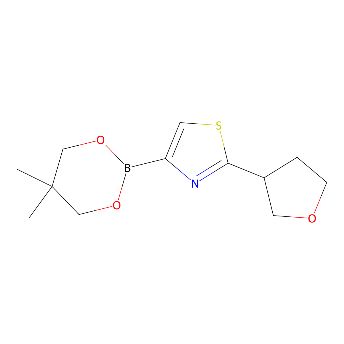 2-(Oxolan-3-yl)thiazole-4-boronic acid neopentylglycol ester molecular structure, CAS 2223002-74-0