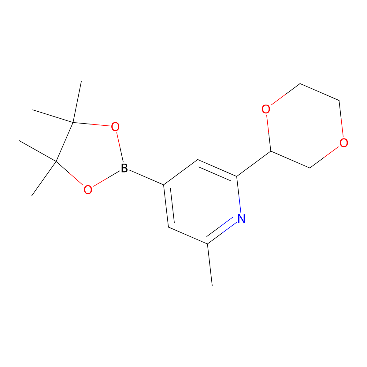 2-Methyl-6-(1,4-dioxan-2-yl)pyridine-4-boronic acid pinacol ester molecular structure, CAS 2223002-80-8