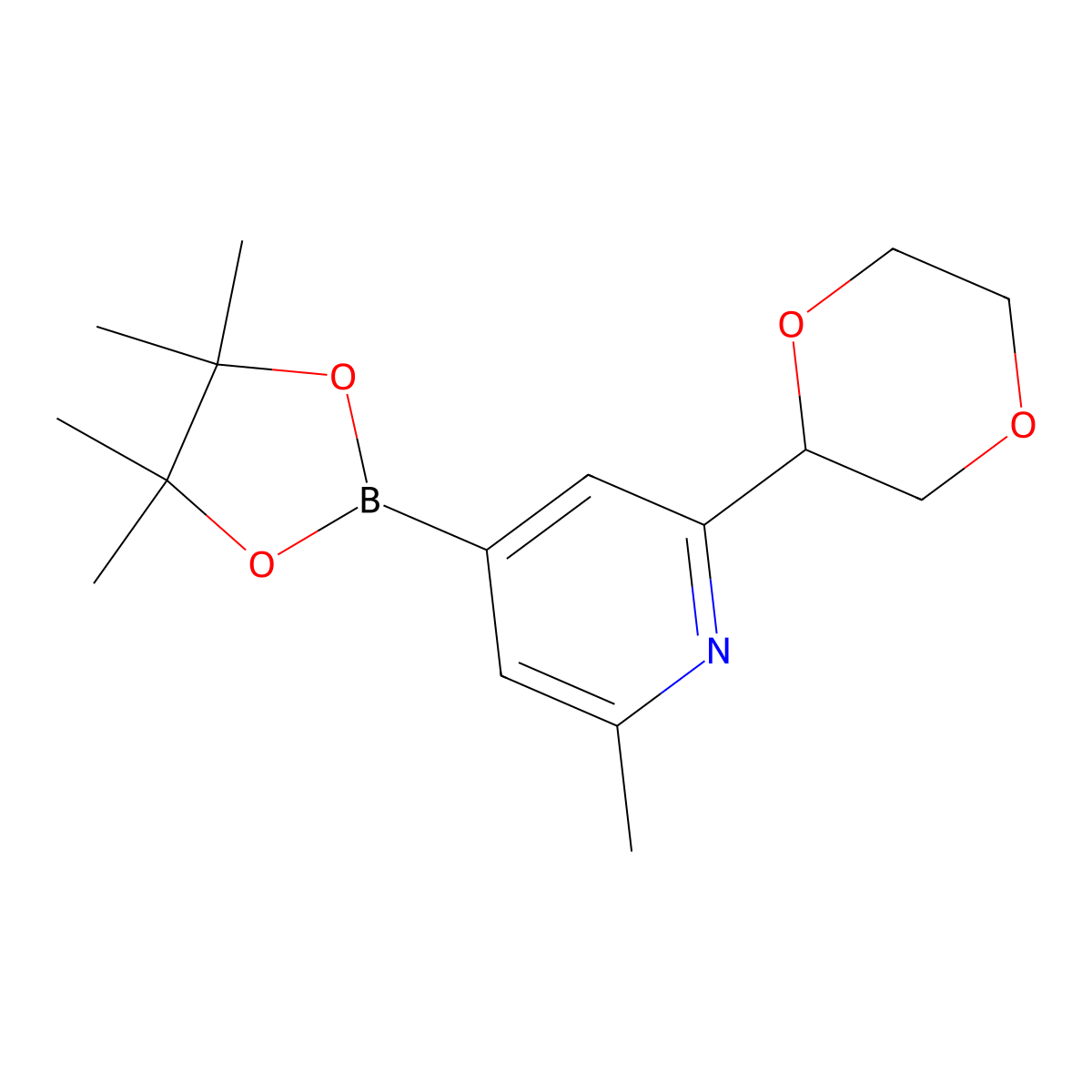 2-Methyl-6-(1,4-dioxan-2-yl)pyridine-4-boronic acid pinacol ester molecular structure, CAS 2223002-80-8
