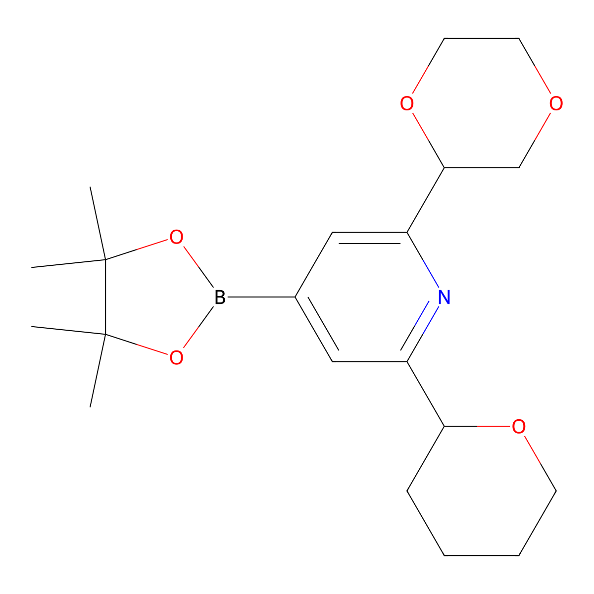 2-(Oxan-2-yl)-6-(1,4-dioxan-2-yl)pyridine-4-boronic acid pinacol ester molecular structure, CAS 2223002-85-3