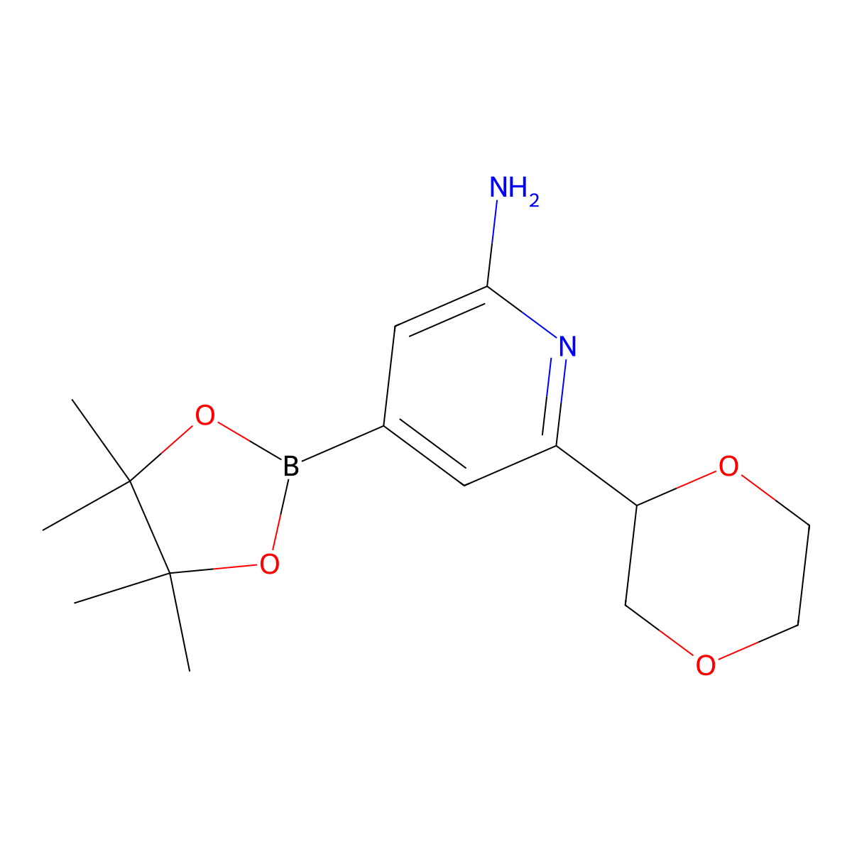 2-Amino-6-(1,4-dioxan-2-yl)pyridine-4-boronic acid pinacol ester molecular structure, CAS 2223002-92-2