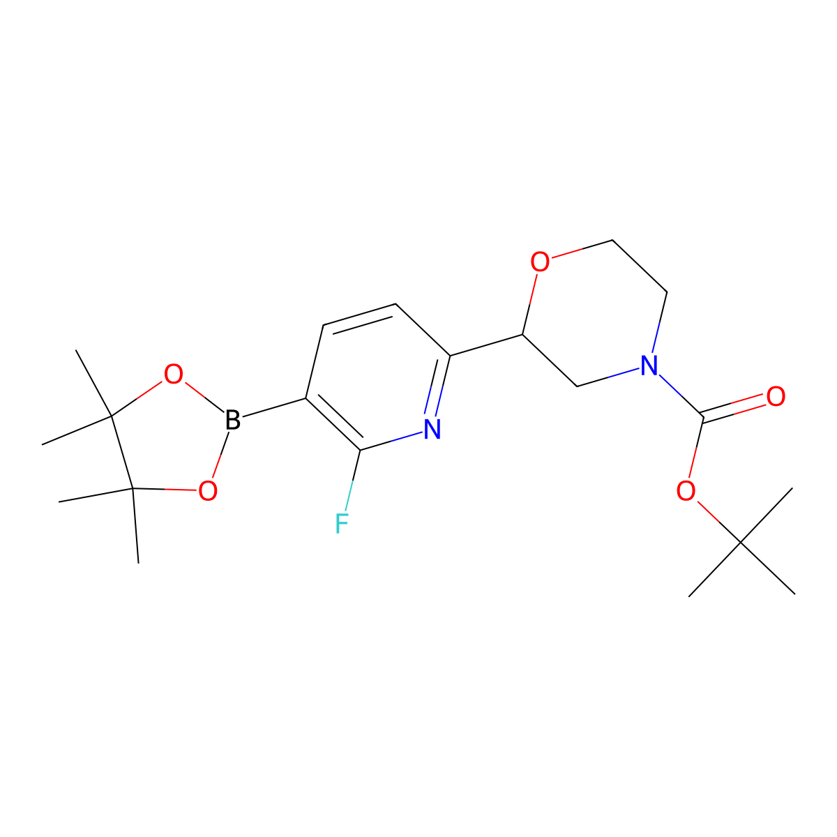 2-Fluoro-6-(N-Boc-morpholin-2-yl)pyridine-3-boronic acid pinacol ester molecular structure, CAS 2223002-98-8