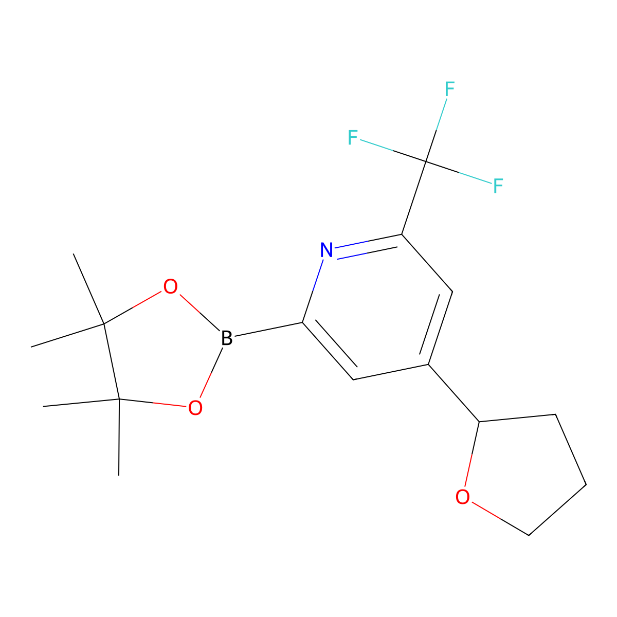 4-(Tetrahydrofuran-2-yl)-2-(4,4,5,5-tetramethyl-1,3,2-dioxaborolan-2-yl)-6-(trifluoromethyl)pyridine molecular structure, CAS 2223003-02-7
