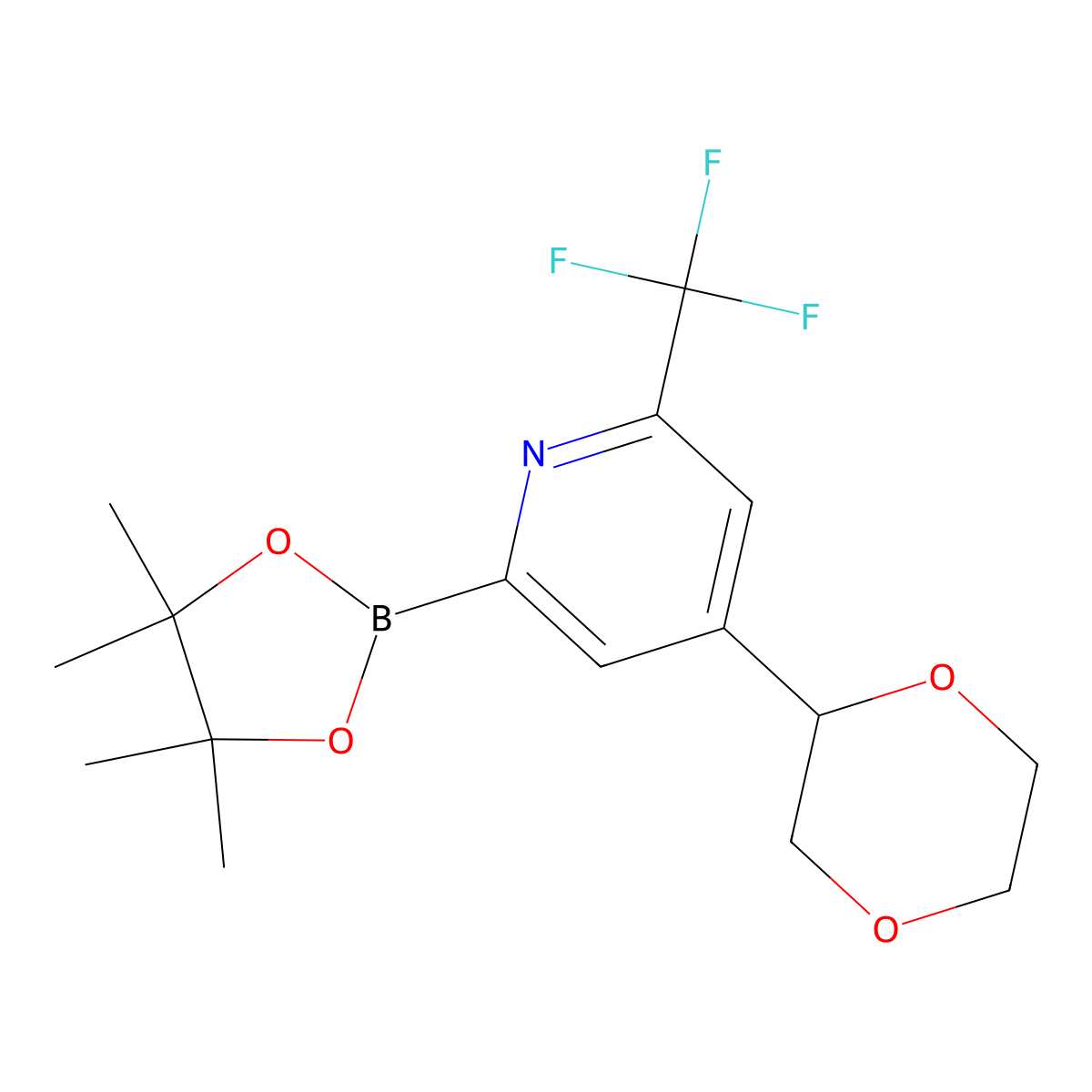 4-(1,4-Dioxan-2-yl)-2-(4,4,5,5-tetramethyl-1,3,2-dioxaborolan-2-yl)-6-(trifluoromethyl)pyridine molecular structure, CAS 2223003-10-7
