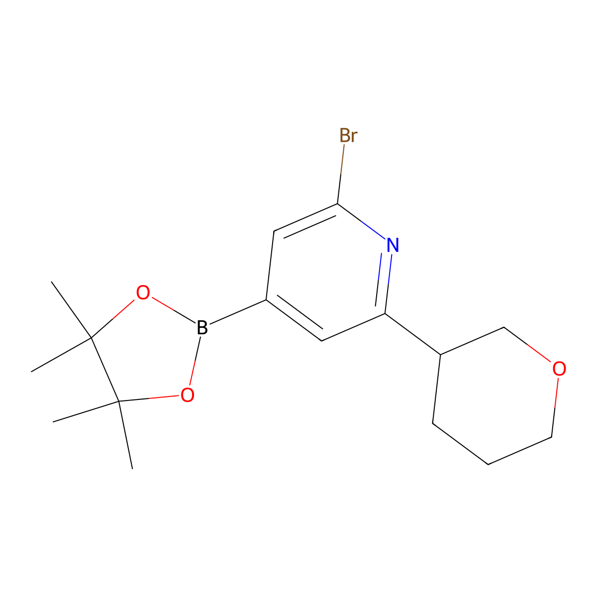 2-Bromo-6-(oxan-3-yl)pyridine-4-boronic acid pinacol ester molecular structure, CAS 2223003-32-3