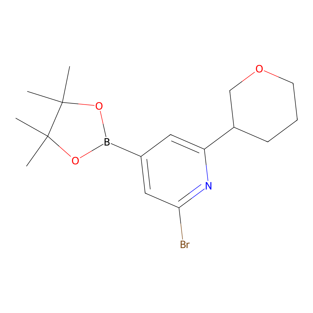 2-Bromo-6-(oxan-3-yl)pyridine-4-boronic acid pinacol ester molecular structure, CAS 2223003-32-3