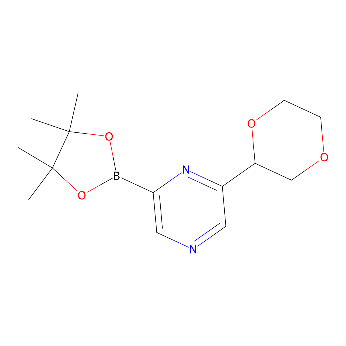 2-(1,4-Dioxan-2-yl)-6-(4,4,5,5-tetramethyl-1,3,2-dioxaborolan-2-yl)pyrazine molecular structure, CAS 2223003-35-6