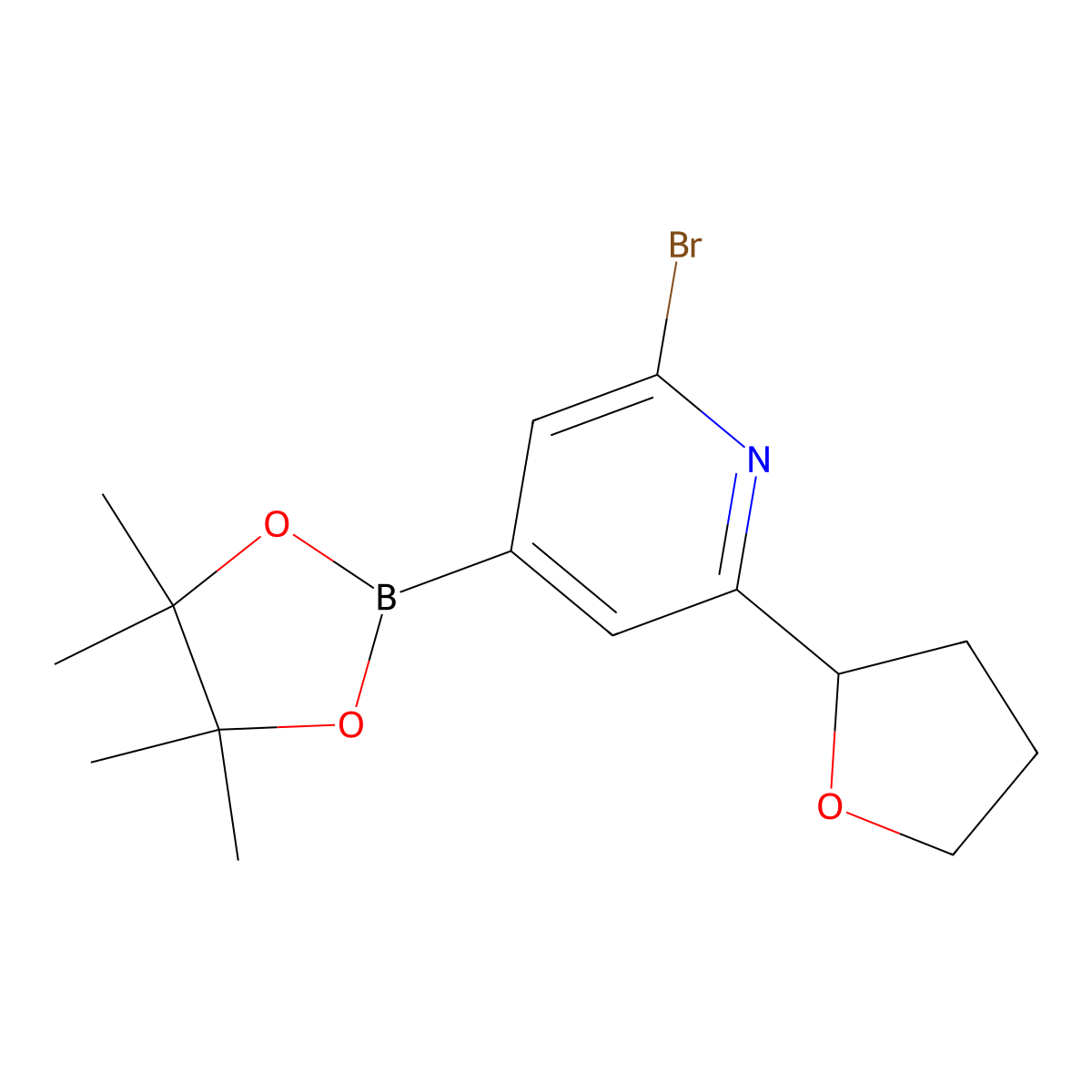 2-Bromo-6-(Oxolan-2-yl)pyridine-4-boronic acid pinacol ester molecular structure, CAS 2223003-38-9