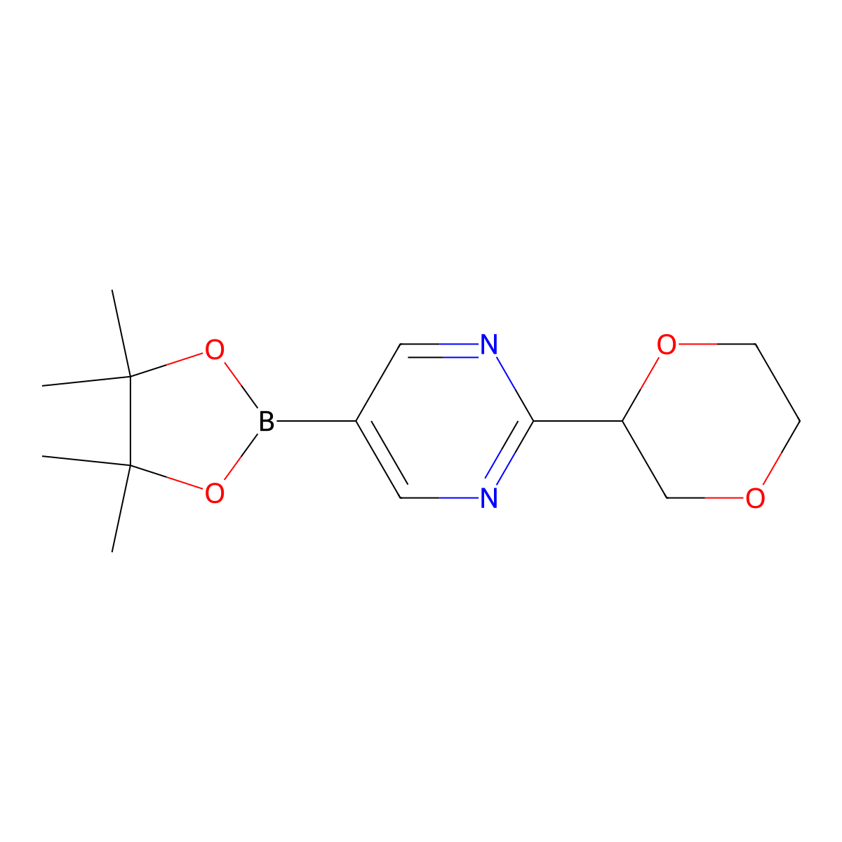 2-(1,4-Dioxan-2-yl)-5-(4,4,5,5-tetramethyl-1,3,2-dioxaborolan-2-yl)pyrimidine molecular structure, CAS 2223003-45-8