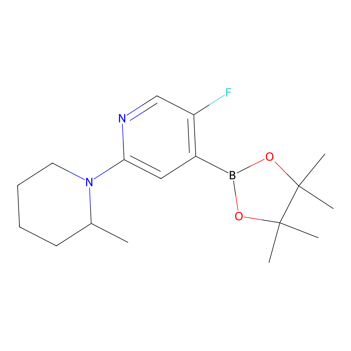 5-Fluoro-2-(2-methylpiperidin-1-yl)pyridine-4-boronic acid pinacol ester molecular structure, CAS 2223003-51-6