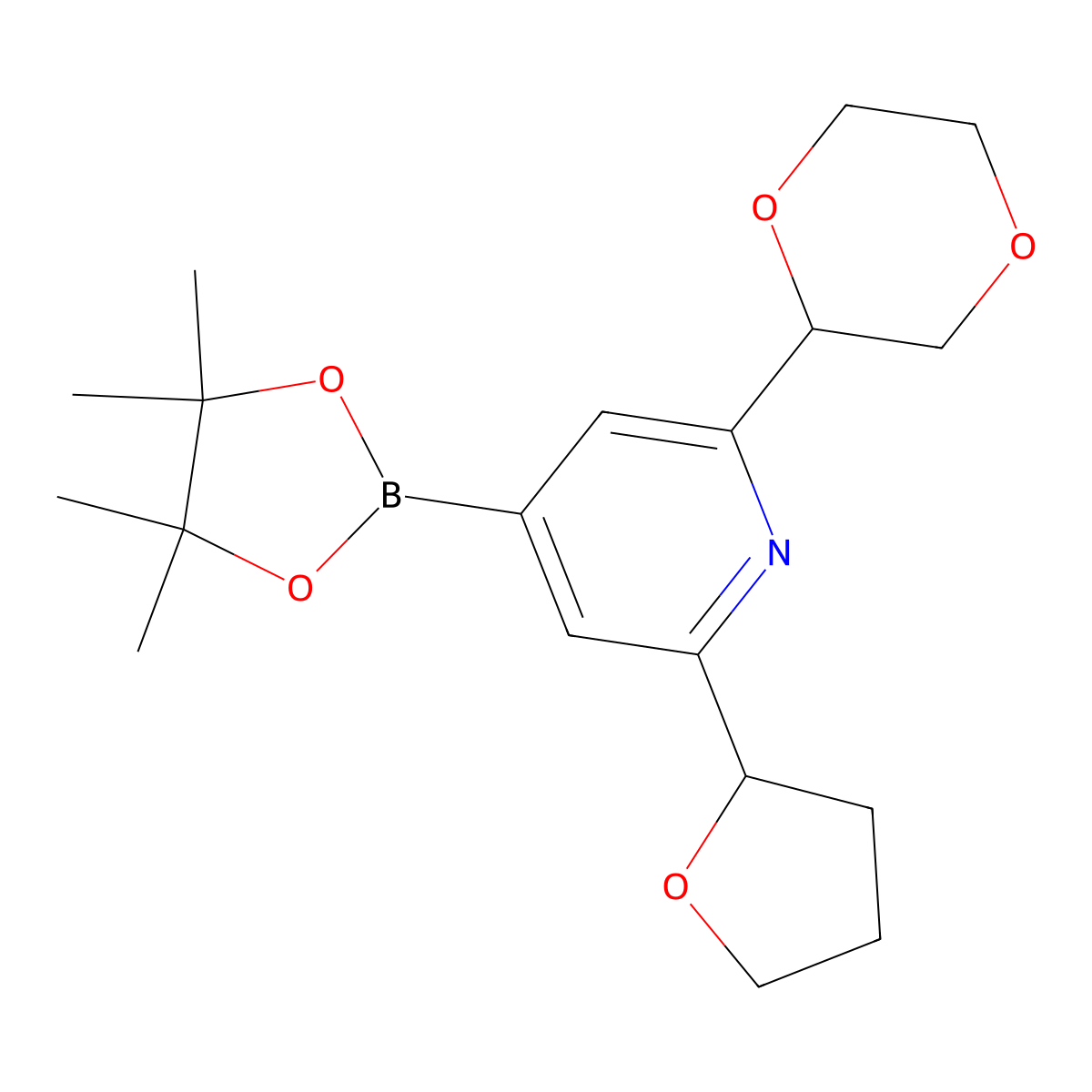 2-(Oxolan-2-yl)-6-(1,4-dioxan-2-yl)pyridine-4-boronic acid pinacol ester molecular structure, CAS 2223003-53-8