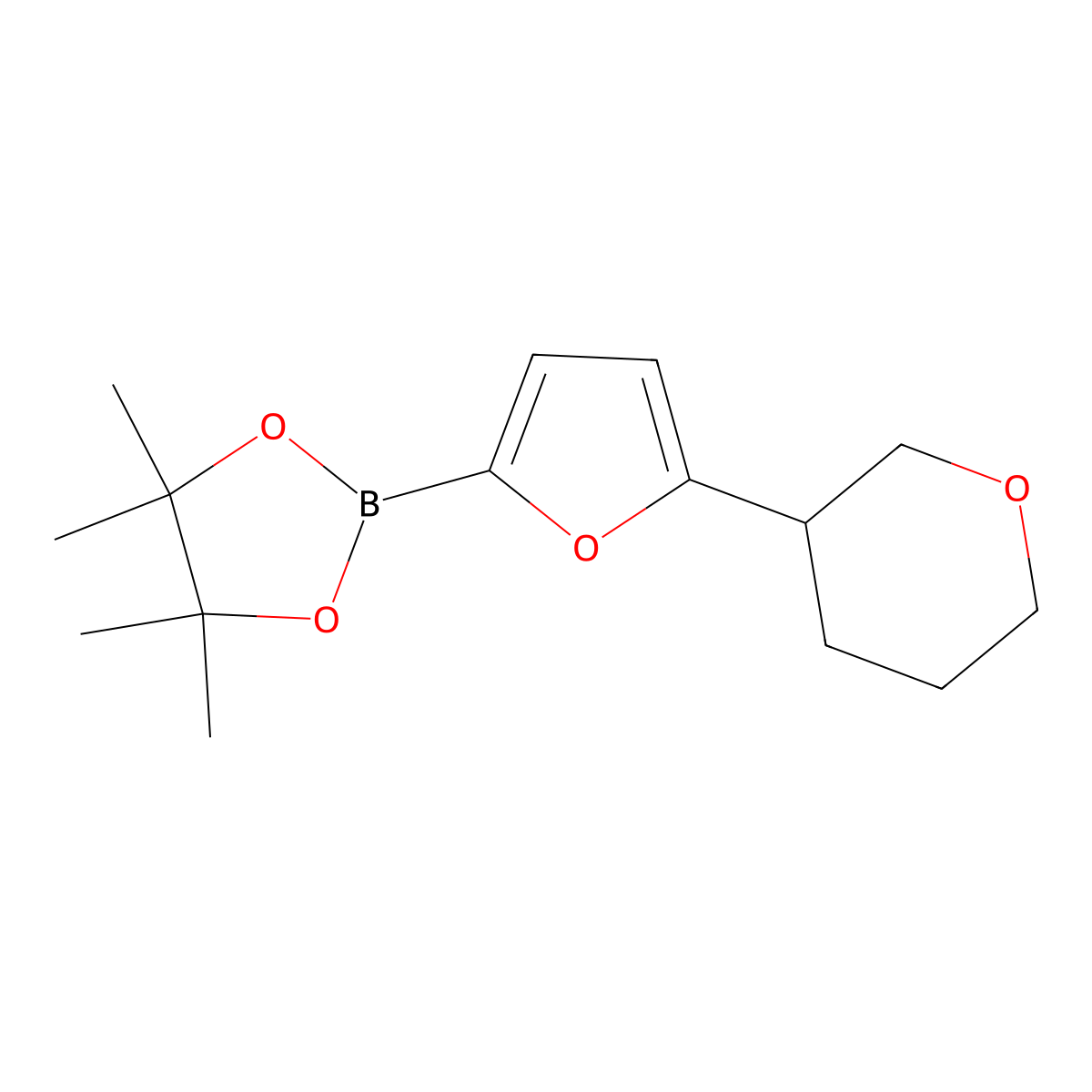 tetrahydro-3-[5-(4,4,5,5-tetramethyl-1,3,2-dioxaborolan-2-yl)-2-furanyl]-2H-pyran molecular structure, CAS 2223003-54-9
