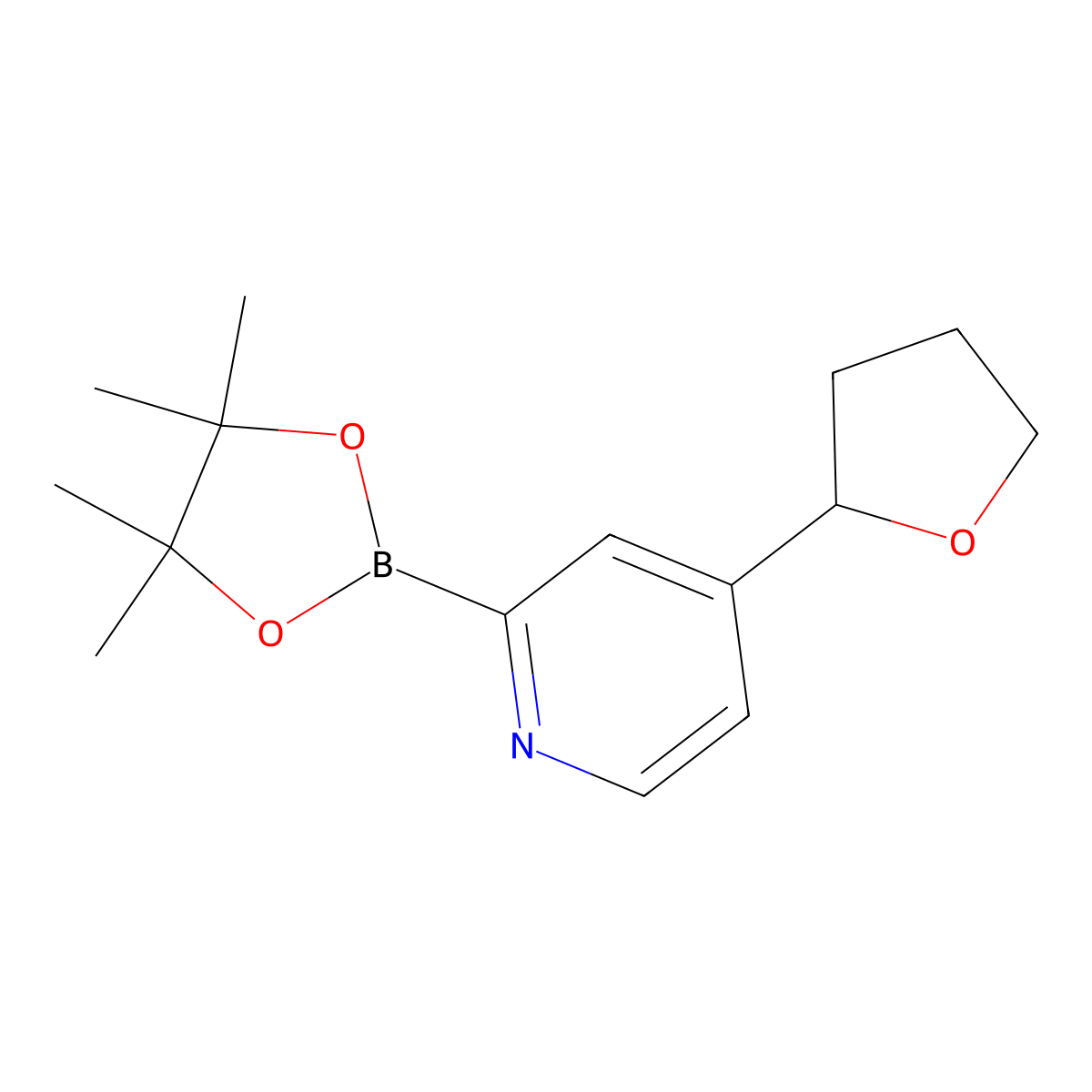 4-(Tetrahydrofuran-2-yl)-2-(4,4,5,5-tetramethyl-1,3,2-dioxaborolan-2-yl)pyridine molecular structure, CAS 2223003-55-0