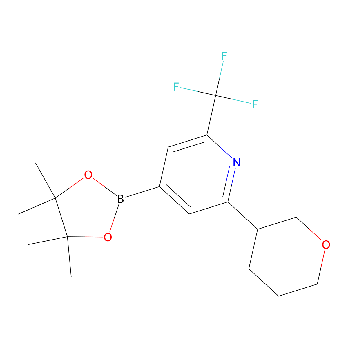 2-Trifluoromethyl-6-(oxan-3-yl)pyridine-4-boronic acid pinacol ester molecular structure, CAS 2223003-61-8