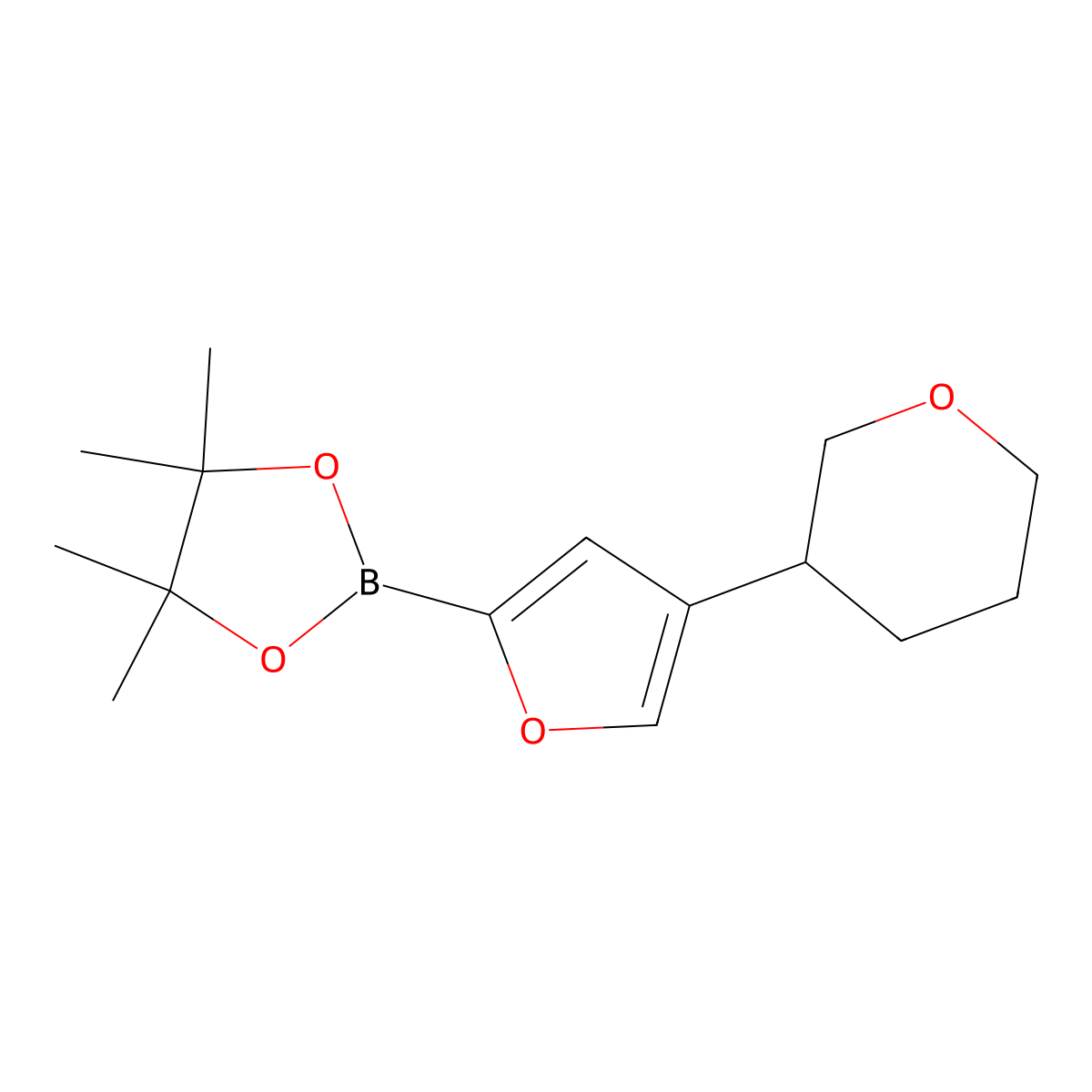 4,4,5,5-Tetramethyl-2-(4-(tetrahydro-2H-pyran-3-yl)furan-2-yl)-1,3,2-dioxaborolane molecular structure, CAS 2223003-63-0