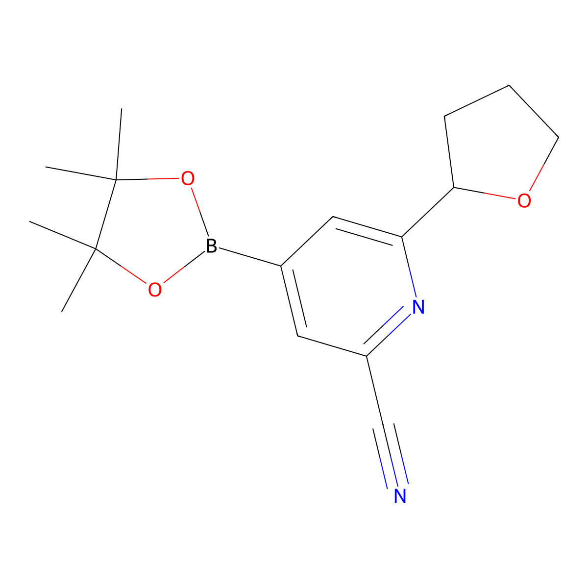 2-Cyano-6-(Oxolan-2-yl)pyridine-4-boronic acid pinacol ester molecular structure, CAS 2223003-69-6