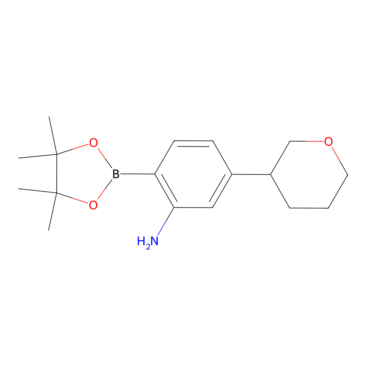 2-Amino-4-(oxan-3-yl)phenylboronic acid pinacol ester molecular structure, CAS 2223003-79-8