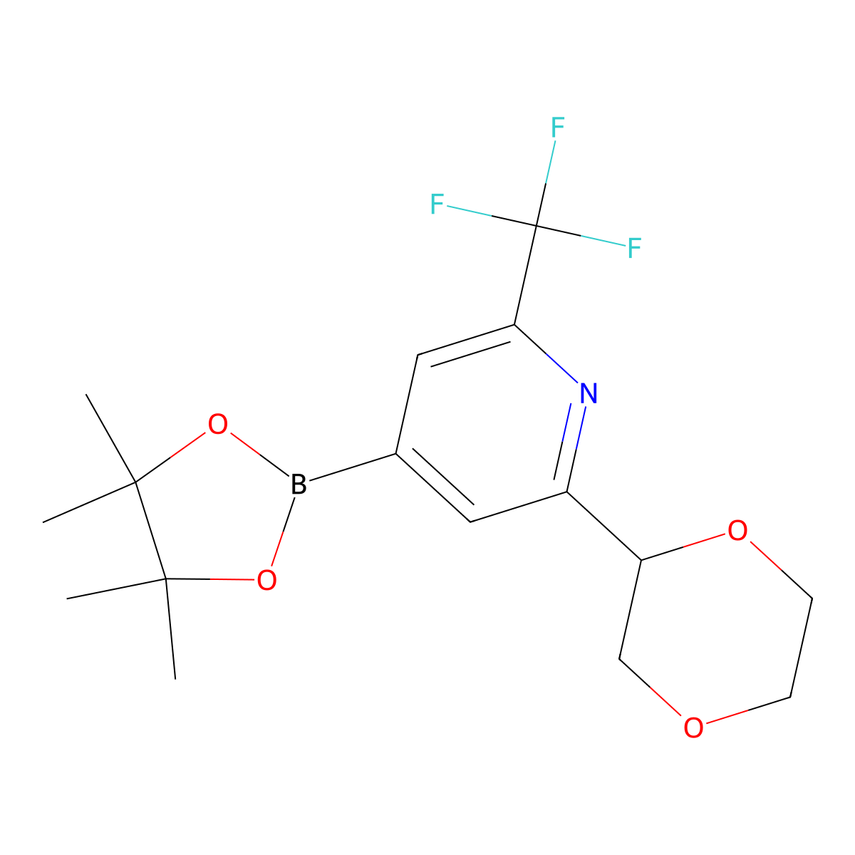 2-Trifluoromethyl-6-(1,4-dioxan-2-yl)pyridine-4-boronic acid pinacol ester molecular structure, CAS 2223003-81-2