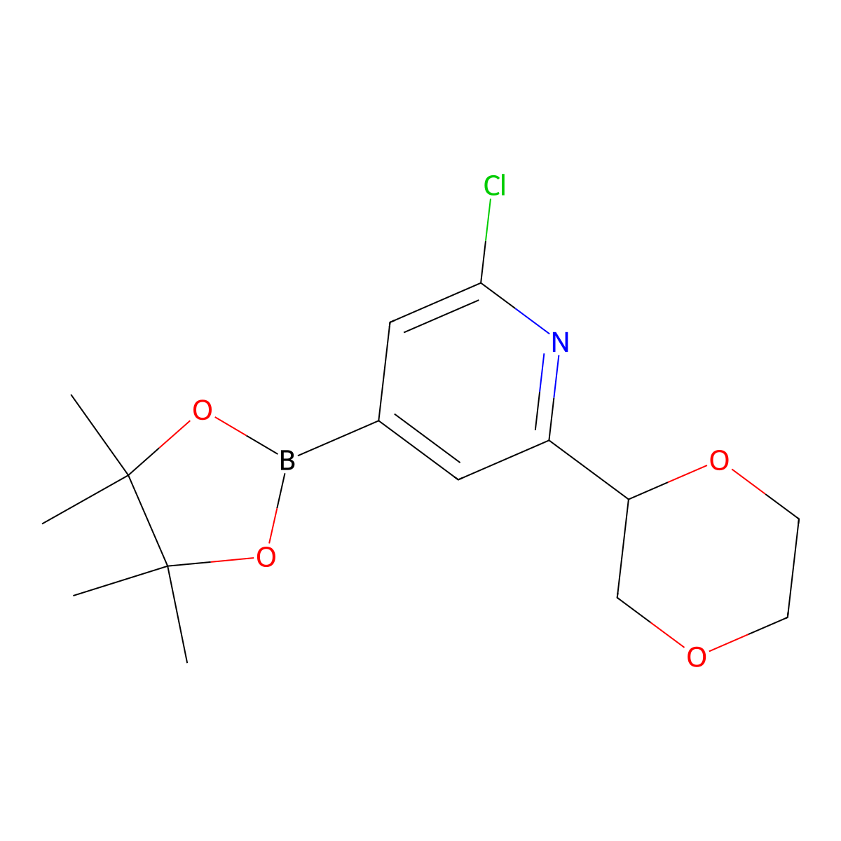 2-Chloro-6-(1,4-dioxan-2-yl)pyridine-4-boronic acid pinacol ester molecular structure, CAS 2223003-96-9