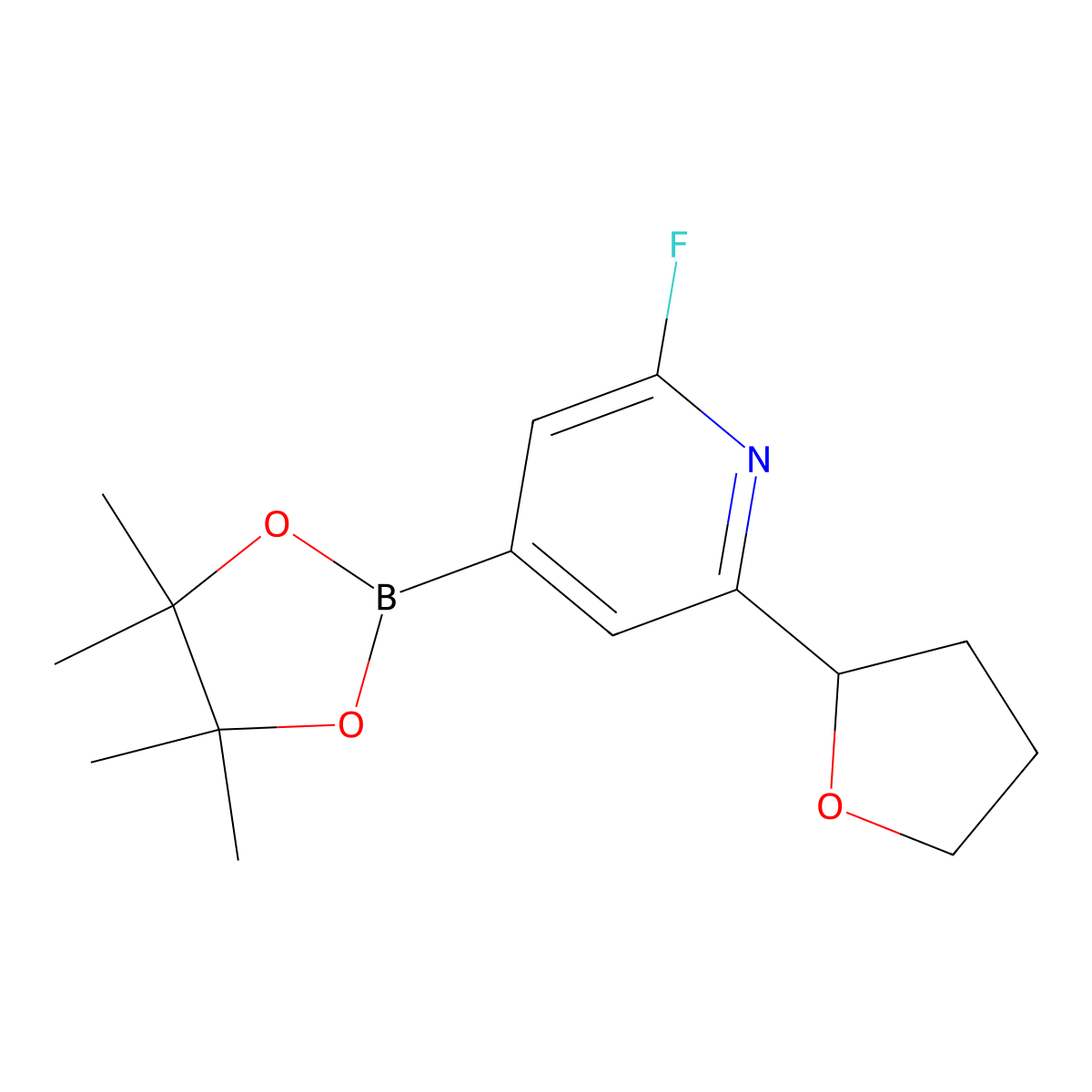 2-Fluoro-6-(Oxolan-2-yl)pyridine-4-boronic acid pinacol ester molecular structure, CAS 2223003-97-0