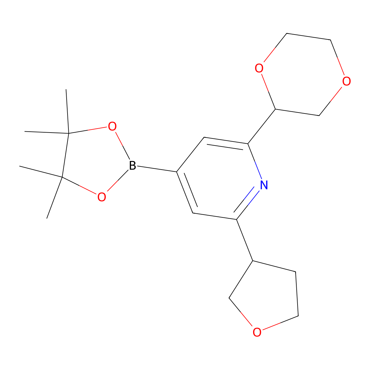 2-(Oxolan-3-yl)-6-(1,4-dioxan-2-yl)pyridine-4-boronic acid pinacol ester molecular structure, CAS 2223004-02-0