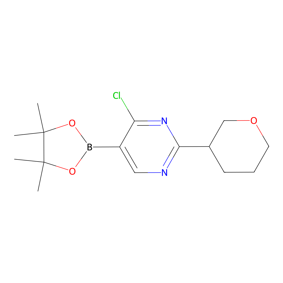 4-Chloro-2-(oxan-3-yl)pyrimidine-5-boronic acid pinacol ester molecular structure, CAS 2223004-13-3