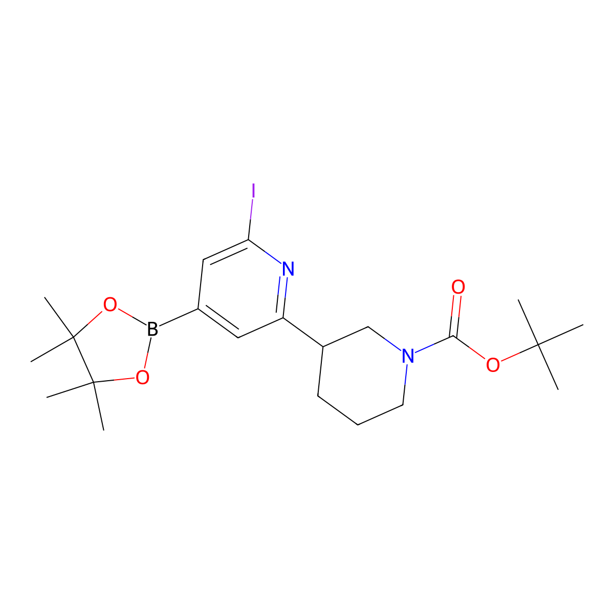2-Iodo-6-(N-Boc-piperidin-3-yl)pyridine-4-boronic acid pinacol esier molecular structure, CAS 2223004-22-4