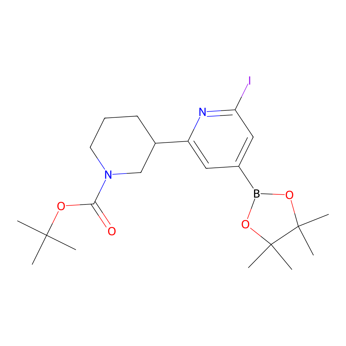2-Iodo-6-(N-Boc-piperidin-3-yl)pyridine-4-boronic acid pinacol esier molecular structure, CAS 2223004-22-4