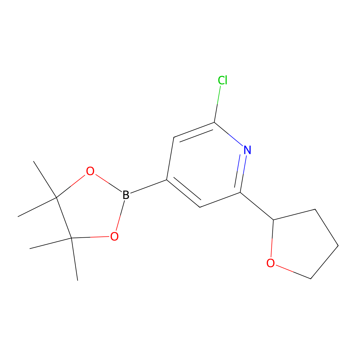 2-Chloro-6-(Oxolan-2-yl)pyridine-4-boronic acid pinacol ester molecular structure, CAS 2223004-23-5
