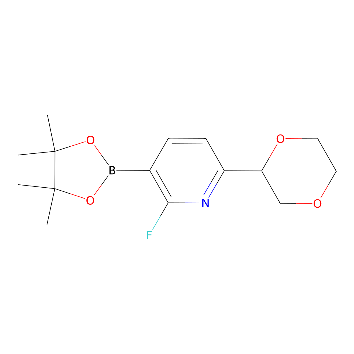 2-Fluoro-6-(1,4-dioxan-2-yl)pyridine-3-boronic acid pinacol ester molecular structure, CAS 2223004-32-6