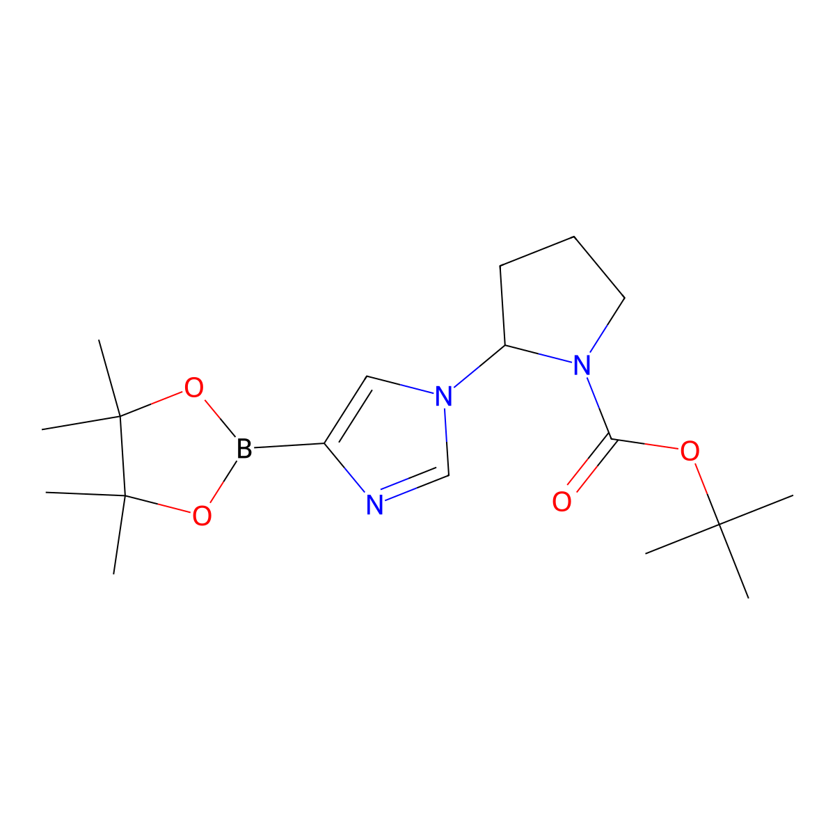 tert-butyl 2-(4-(4,4,5,5-tetramethyl-1,3,2-dioxaborolan-2-yl)-1H-imidazol-1-yl)pyrrolidine-1-carboxylate molecular structure, CAS 2223004-38-2
