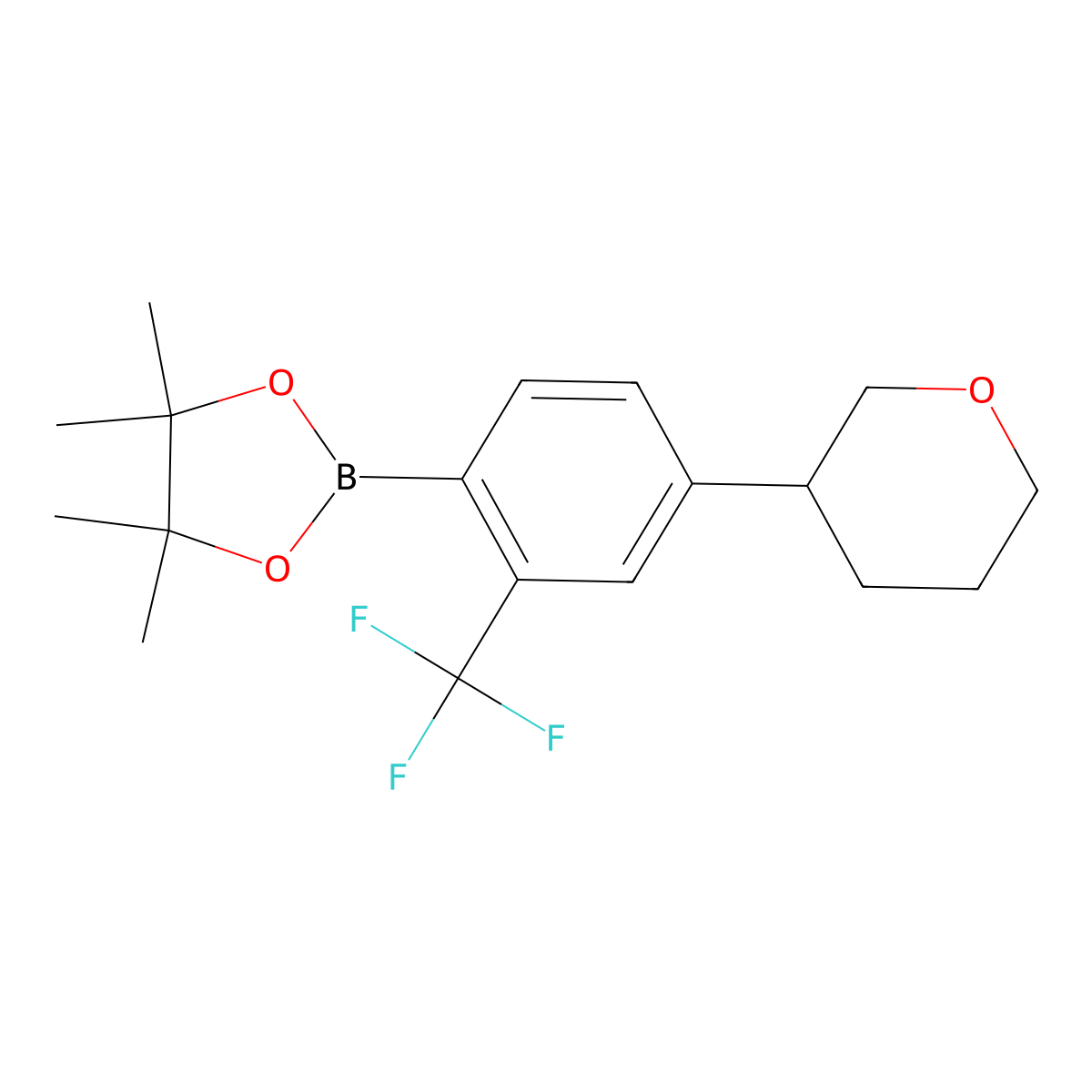 2-Trifluoromethyl-4-(oxan-3-yl)phenylboronic acid pinacol ester molecular structure, CAS 2223004-39-3