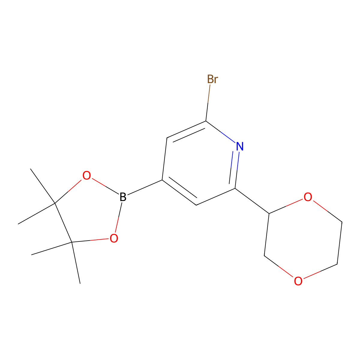 2-Bromo-6-(1,4-dioxan-2-yl)pyridine-4-boronic acid pinacol ester molecular structure, CAS 2223004-44-0